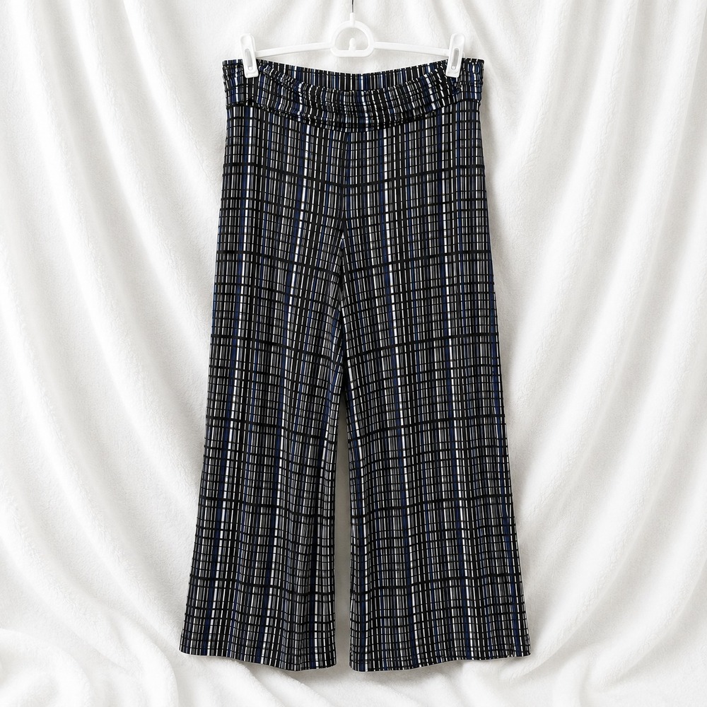 Joan Vass New York Womens Pants Small Black Blue Plaid Wide Leg Pull On Stretch
